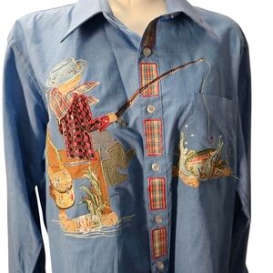 Blue Fishing-Themed Blouse, Long Sleeves, Optional Pin On Hat With Ponytail.